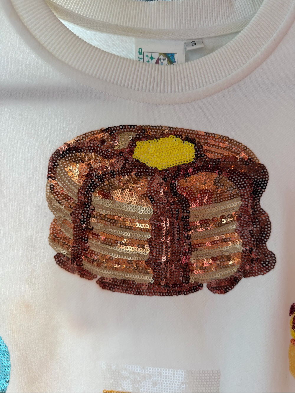QUEEN OF SPARKLES White Sequin Breakfast Motif Sweatshirt - Picture 2 of 3